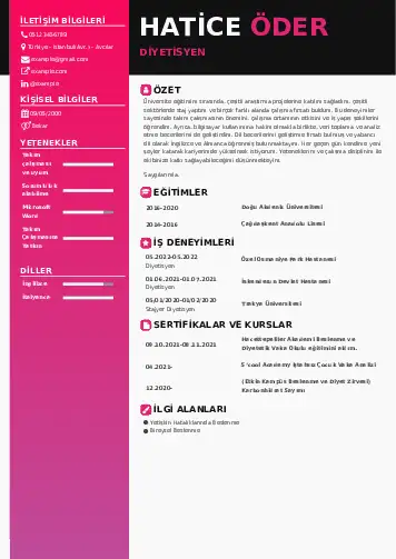 Beslenme Uzmanı Diyetisyen CV Örnekleri cv indir